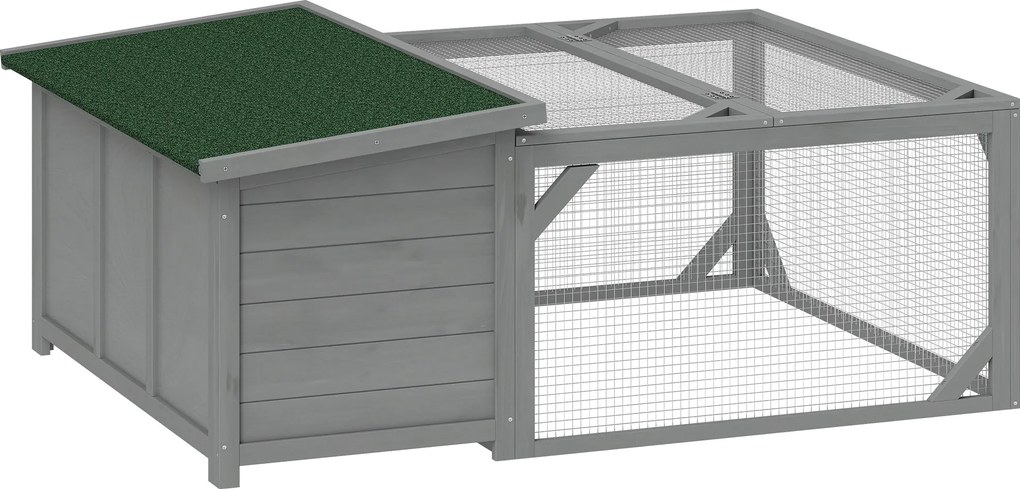 PawHut fenyő nyúlketrec kifutóval, 125,5 x 100 x 49 cm – felnyitható bitumenes tető, ajtók, kültéri nyulaknak és tengerimalacoknak, szürke | Aosom