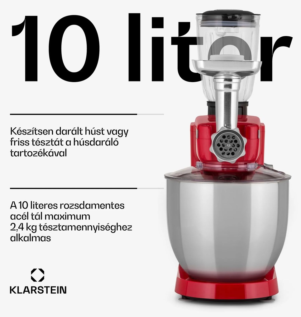 Klarstein Renata Rossa, konyhai robotgép, 3 az 1-ben 2000 W/2,7 PS, 10 L, rozsdamentes acél, BPA-mentes