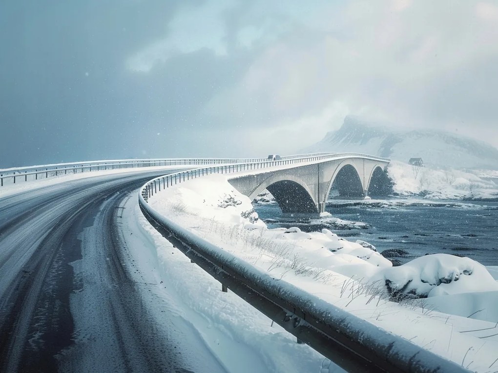 Vászonkép Canvas Híd Tél Atlantic Road Norvégia Hó Hegyek 80x60