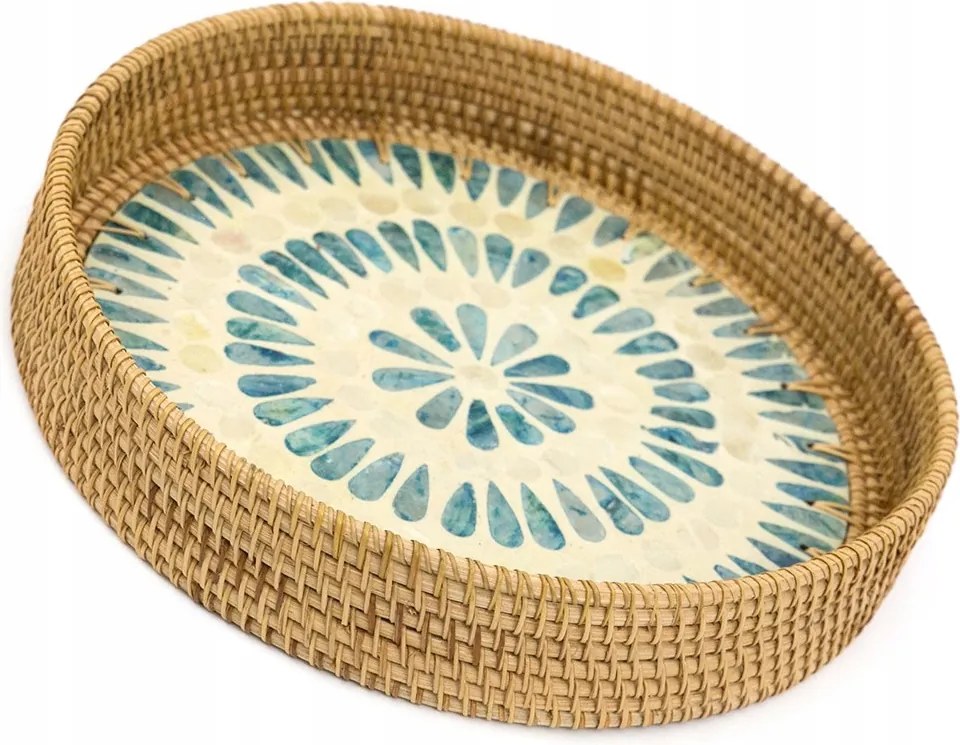 Tálca Barna Türkiz 30cm Gyöngyház Fogantyúkkal