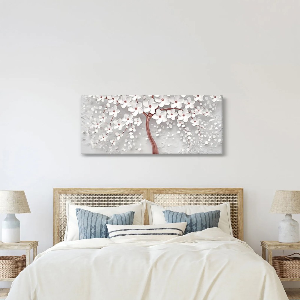 Kép - Egy fehér fa képe virágokkal, rózsaarany (120x50 cm)