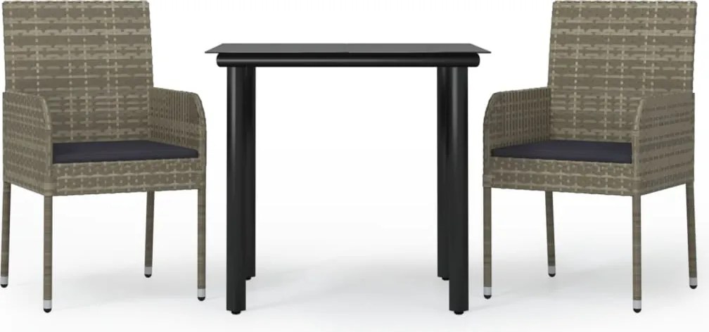 vidaXL 3 részes fekete és szürke polyrattan kerti étkezőszett párnával