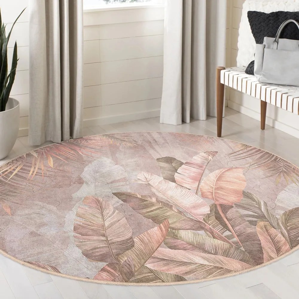 Világos rózsaszín mosható kerek szőnyeg ø 120 cm Dusty Leaves – Mila Home