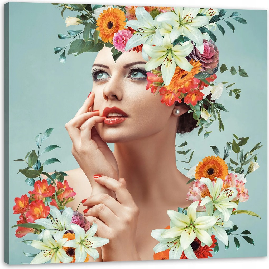 Vászonkép Gyönyörű Nő Virágok Portré 50X50 cm Ideális ajándék