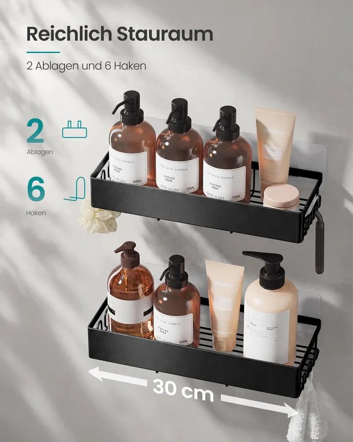 SONGMICS fúrás nélküli öntapadós zuhanypolc készlet (2 db), fekete