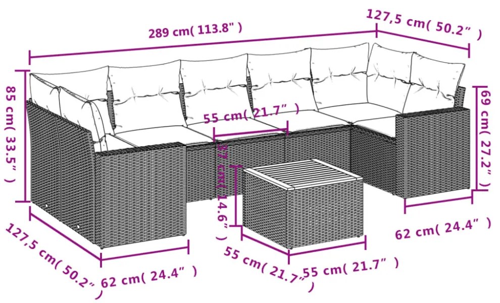 8 részes fekete polyrattan kerti ülőgarnitúra párnákkal
