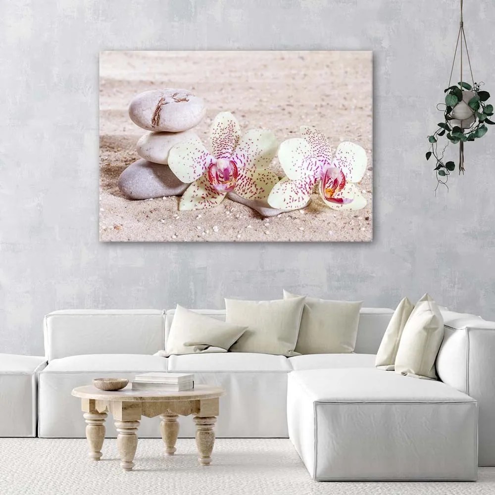 Gario Vászonkép Orchidea és kövek a homokon Méret: 100 x 70 cm