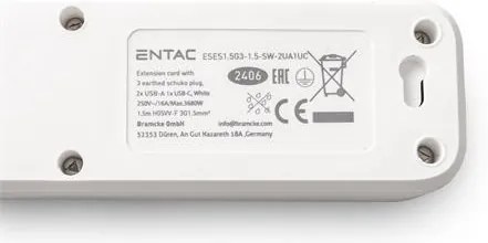 Elosztósor, 3 aljzat, 1,5 m, USB, kapcsolóval, ENTAC, fehér (ENTEL3K1U)