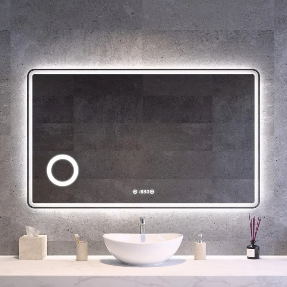 Fürdőszobai LED tükör 120x75cm | Páramentesítő - Kozmetikai tükör - Fényerő + színhőfok állítás - Digitális óra | Welland Luxury-Line G1094