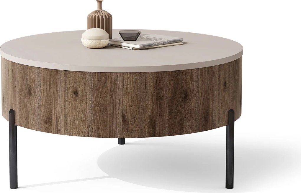 Mazzoni FRIDA Bézs Taupe / Elegáns Diófa – MODERN DOHÁNYZÓASZTAL FELHAJTHATÓ LAPPAL ÉS TÁROLÓVAL