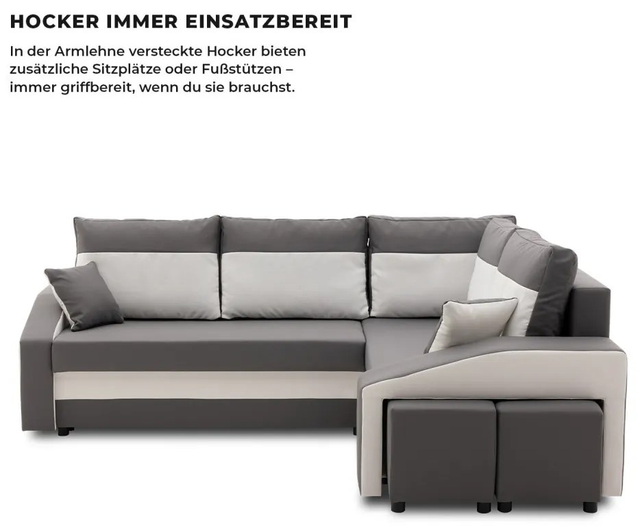 Grande sarokkanapé polcokkal és puffokkal , polc a bal karfaban puffok a jobb karfaban, jobboldali, szövet anyag, hab töltet, szürke - fehér