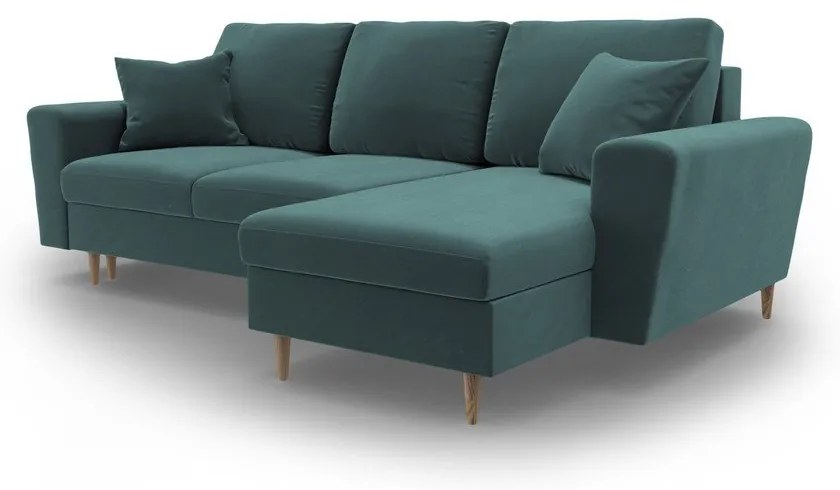 Petróleum színű bársony kinyitható tárolóhelyes sarokkanapé Kyoto – Cosmopolitan Design