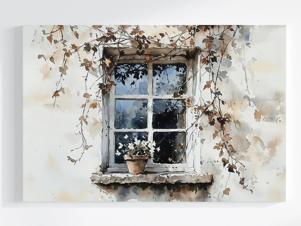 Vászonkép Canvas Ablak Borostyán Virágtartó Kúszó Virágok Akvarell 120x80