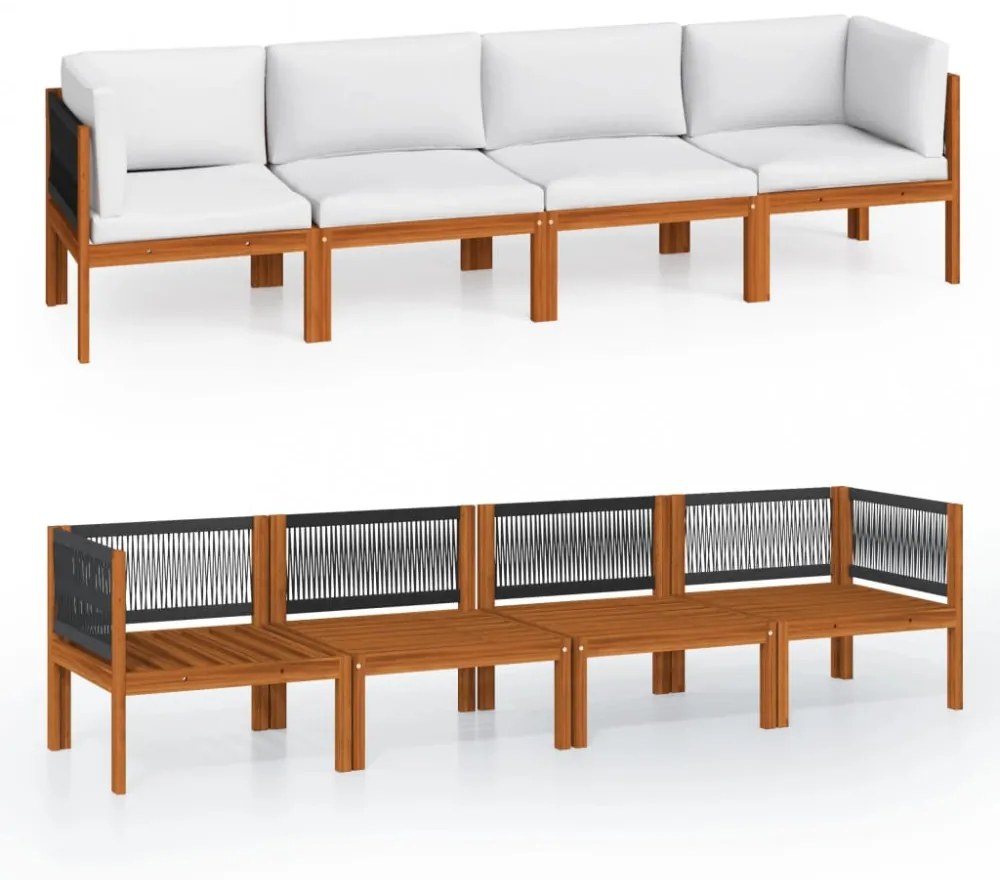 4 személyes kerti kanapé akácfa és kötél párnával