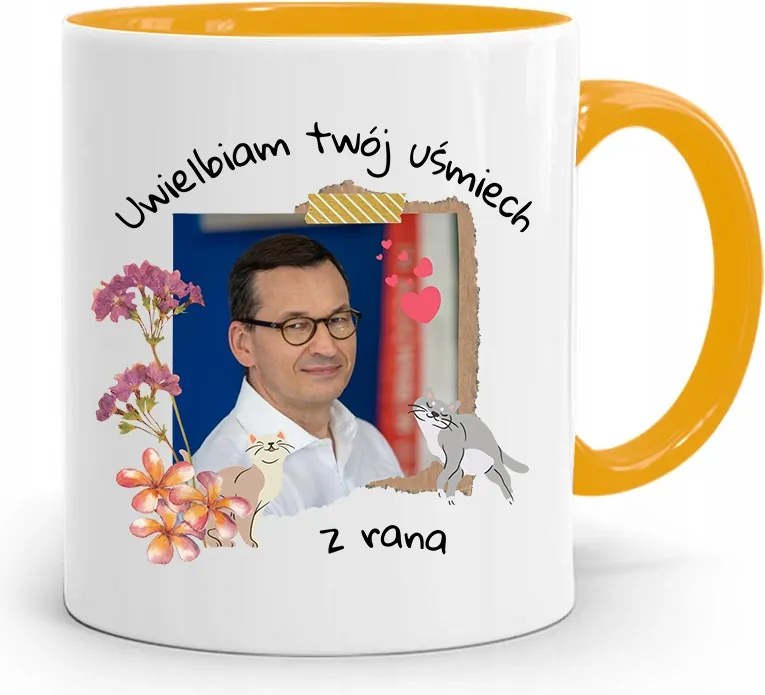 Sárga Politikus Bögre Mateusz Morawiecki Miniszterelnök fényképes nyomtatással