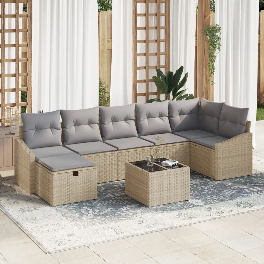 8 részes Kert Sofa Szett Párnákkal Bézs Polirattan