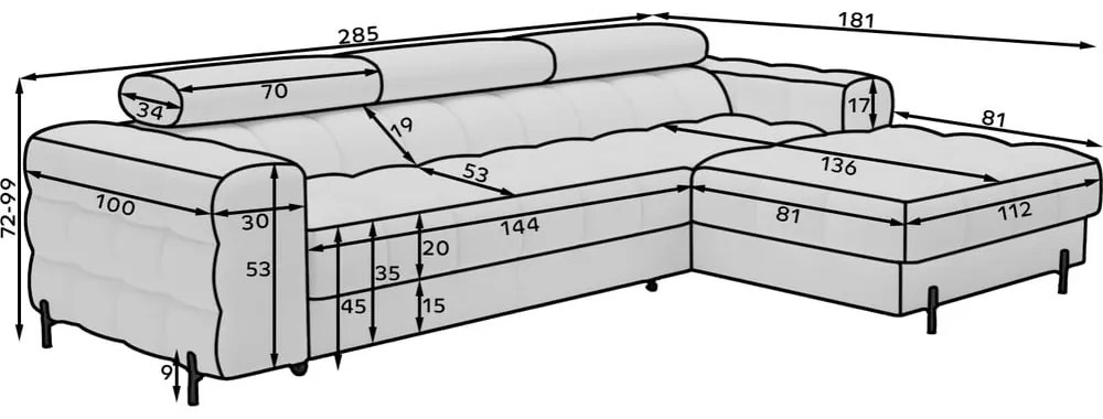 Krémszínű buklé kinyitható-tárolóhelyes sarokkanapé (bal oldali-heverő résszel) Felro – ELTAP