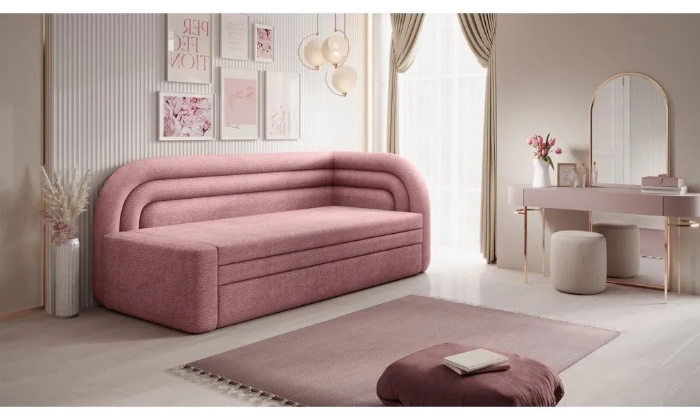 Rózsaszín zsenília kinyitható-tárolóhelyes kanapé jobb oldali 223 cm Fabillo – ELTAP