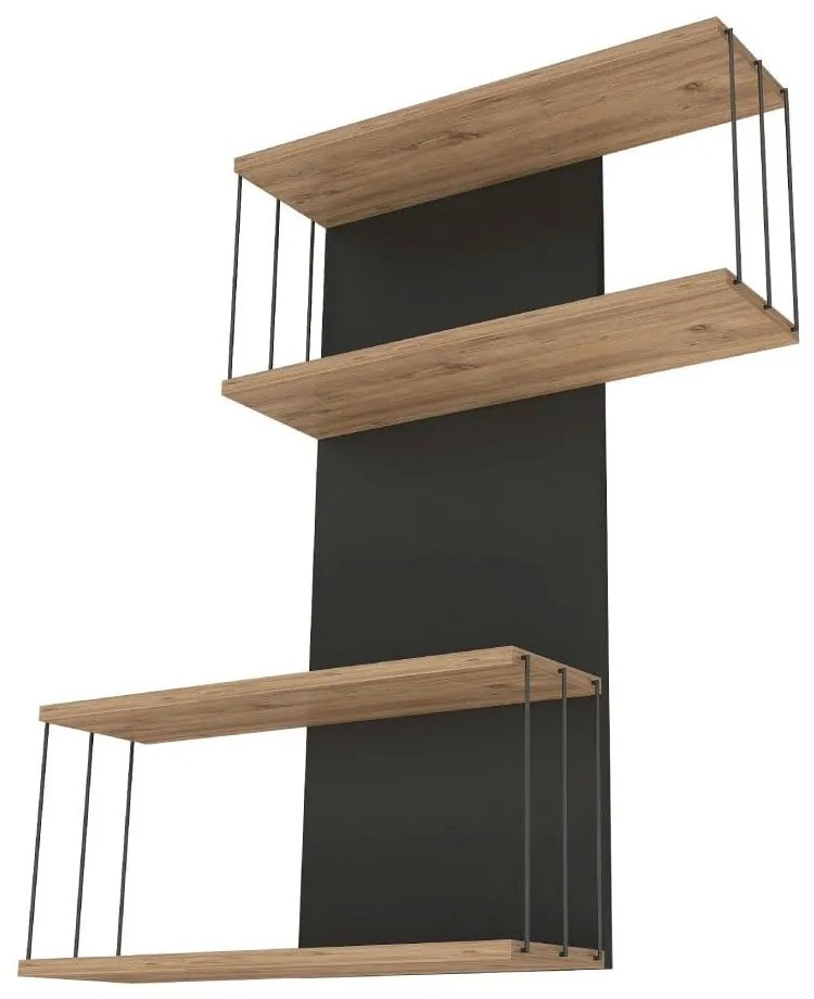 Antracitszürke-natúr színű többszintes fali polc borovi fenyő dekorral 65 cm Destan – Kalune Design