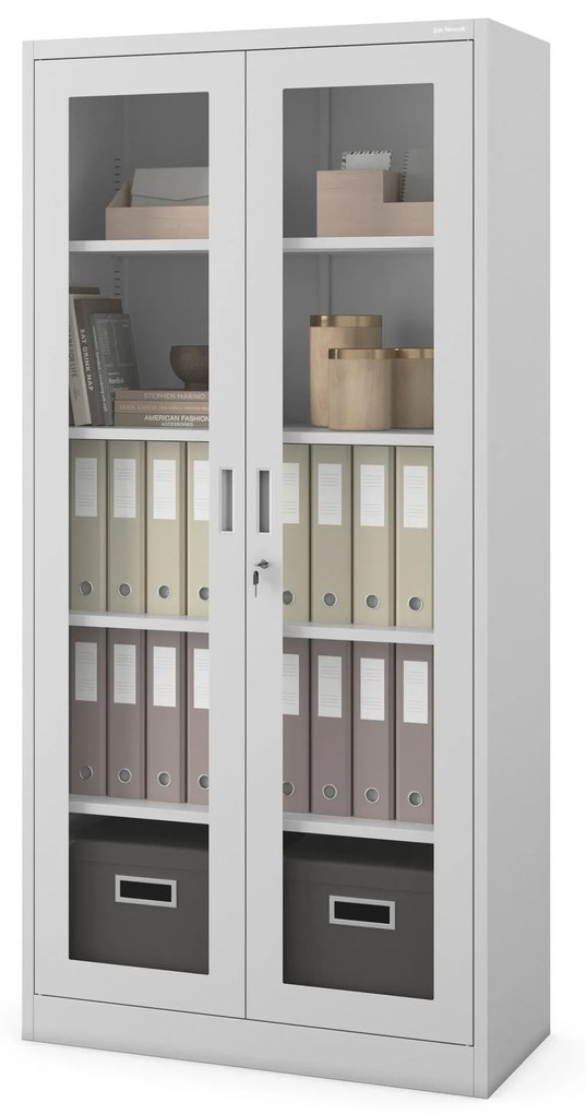 Vitrines fém szekrény üvegezett ajtókkal AMELIA, 900 x 1850 x 400 mm, szürke