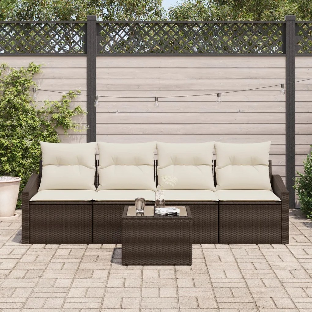 5 részes Kerti Sofa Szett Párnákkal Barna Poli Rattan