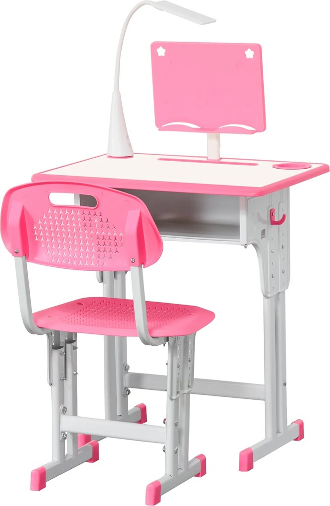 HOMCOM Gyermek Íróasztal és Szék Szett 6-12 Év Közötti Gyerekeknek LED Lámpával, Könyvtartóval és Polccal, Rózsaszín | Aosom
