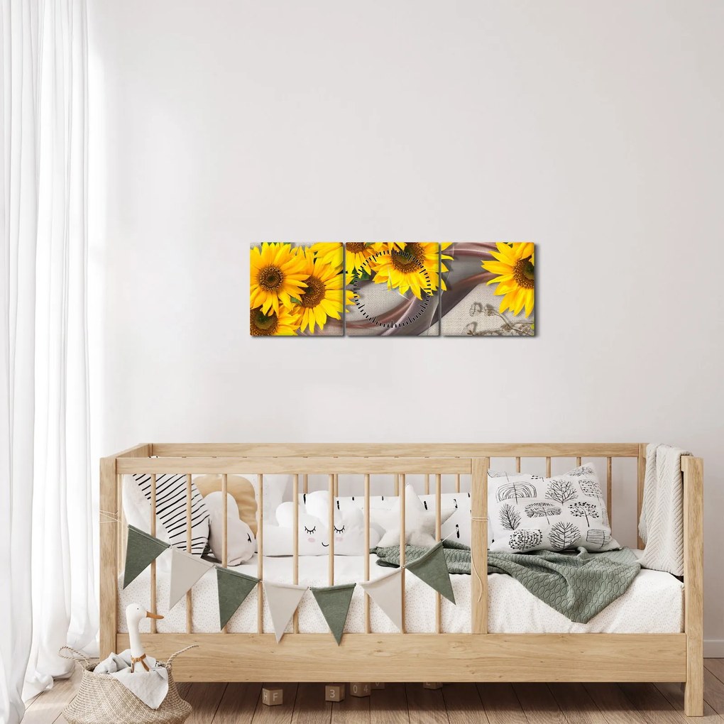 Kép - Ragyogó napraforgó virágok (órával) (90x30 cm)