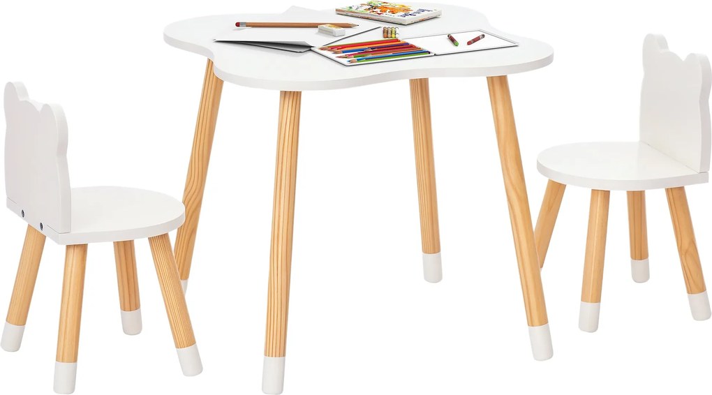 HOMCOM Gyerek Asztal és 2 Szék Szett Fa Bútor Játszószobába és Gyerekszobába - Asztal 56x56x50 cm és Székek 28x25x46 cm Természetes és Fehér | Aosom
