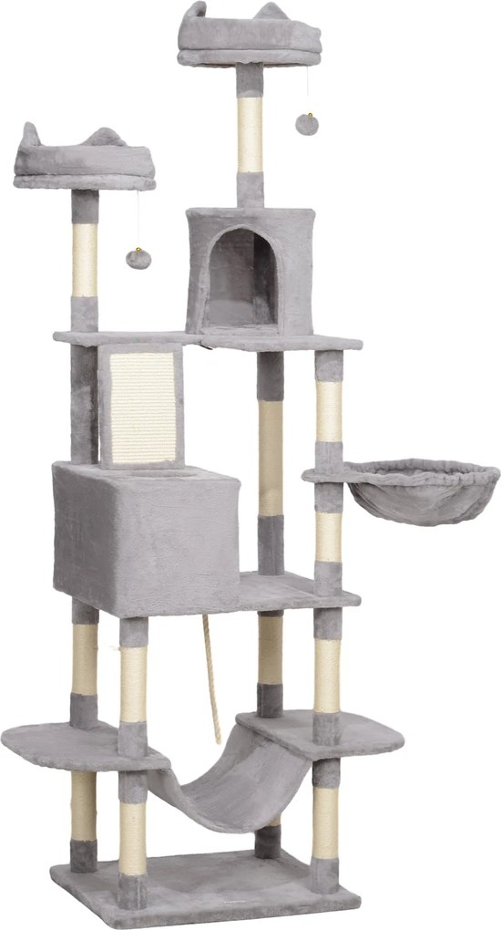 PawHut Macska Kaparóoszlop Nagy Magasság 206 cm Macska Fa Szárnyakkal, Barlangokkal, Függő Labdákkal és Hintaágyakkal Világosszürke | Aosom
