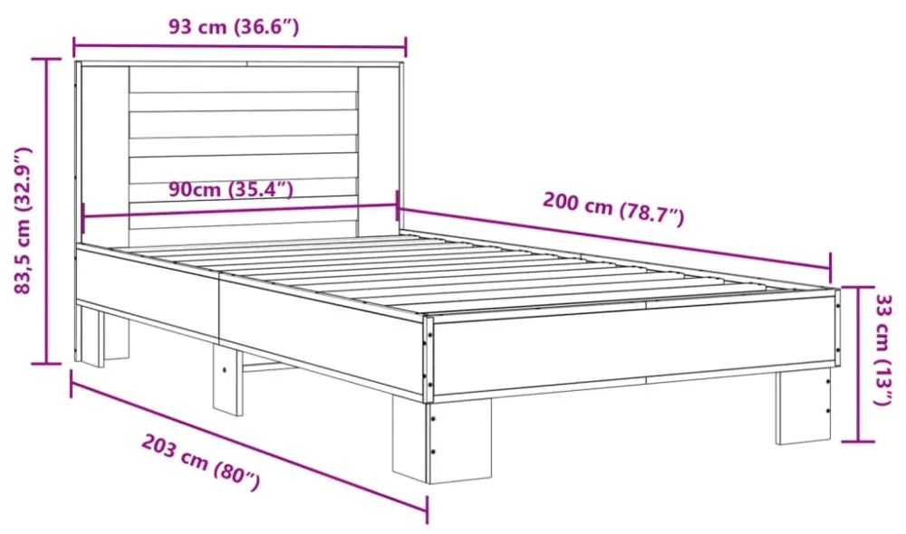 barna tölgyszínű szerelt fa és fém ágykeret 90 x 200 cm