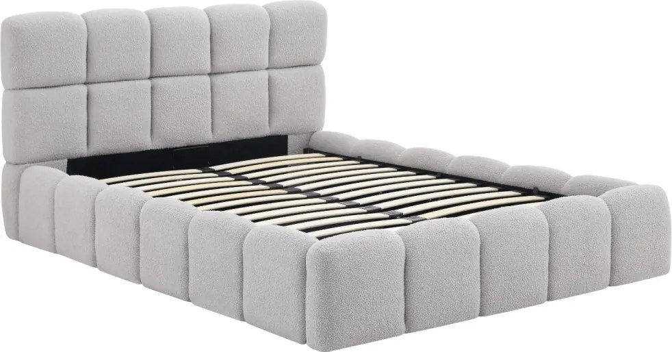 Ágy 140x200 cm méretben, ágyneműtartóval, szürke színben, bouclé kárpittal MURCJA