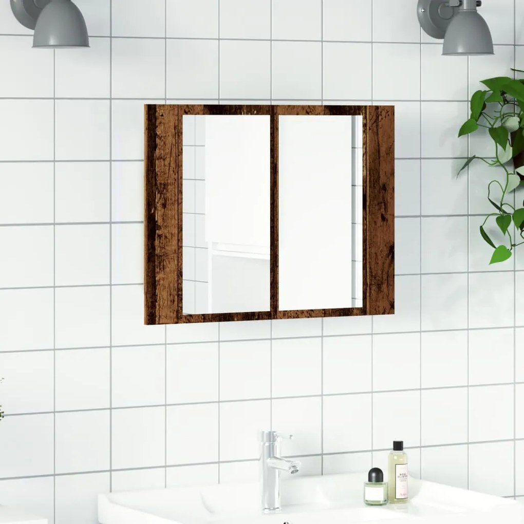 Antik fa színű szerelt fa tükörszekrény LED-del 60x12x45cm