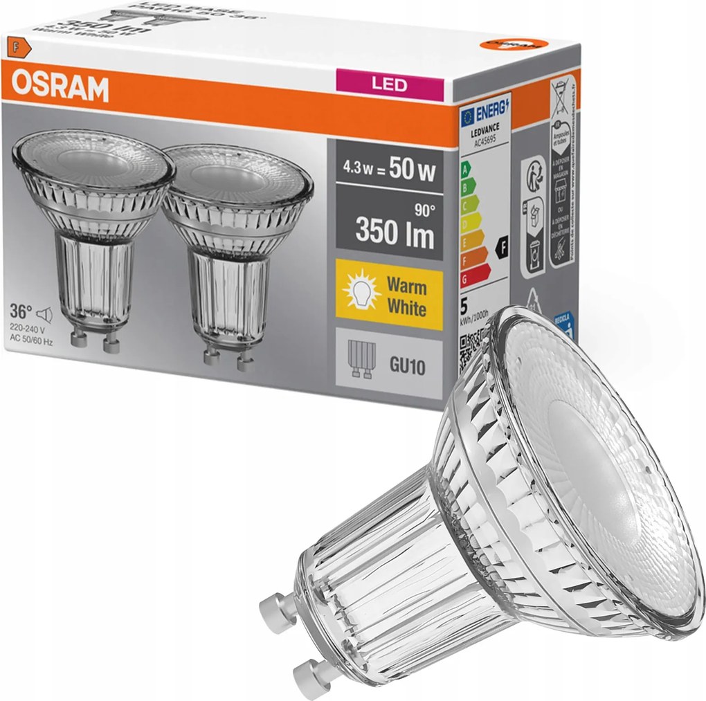 2x Led izzó PAR16 Reflektor GU10 4.3W 50W 350lm 2700K 36° Base Osram