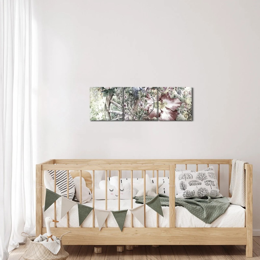 Virágok képe egy fából készült kerékpáron (órával) (90x30 cm)