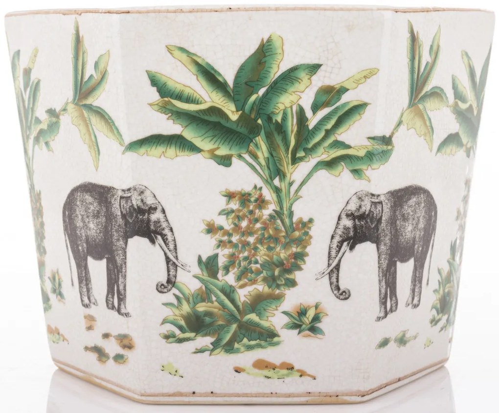 Törtfehér vintage szögletes porcelán 2db-os virágtartó kaspó szett elefántokkal festve 18x24,5x21,5 / 20x26,5x23,5cm