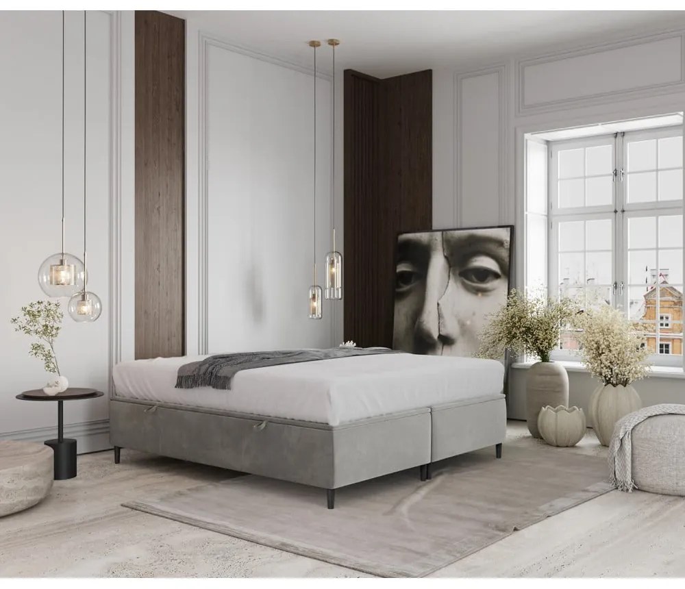 Világosszürke kárpitozott ágyneműtartós franciaágy 180x200 cm Tate – Maison de Rêve