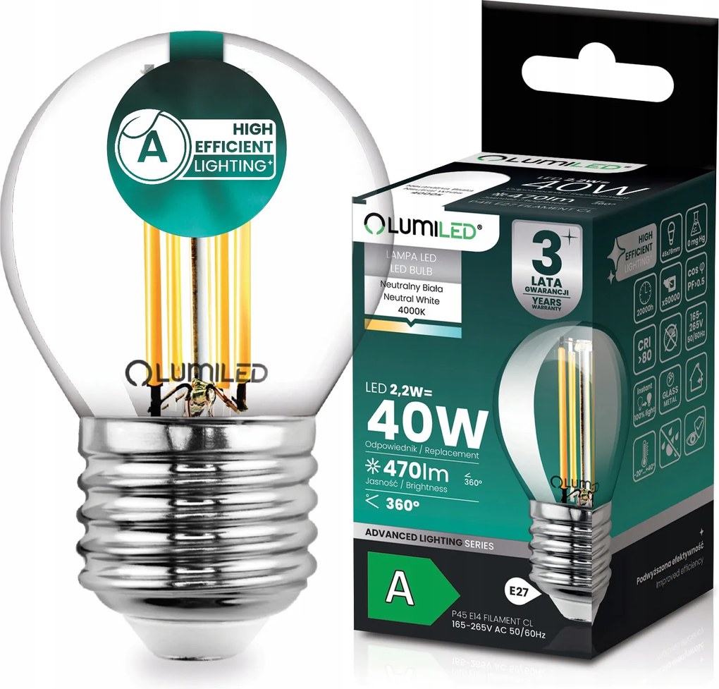 Led Izzó E27 Filament Class A 2,2W 470LM 40W 4000K 360° Golyó