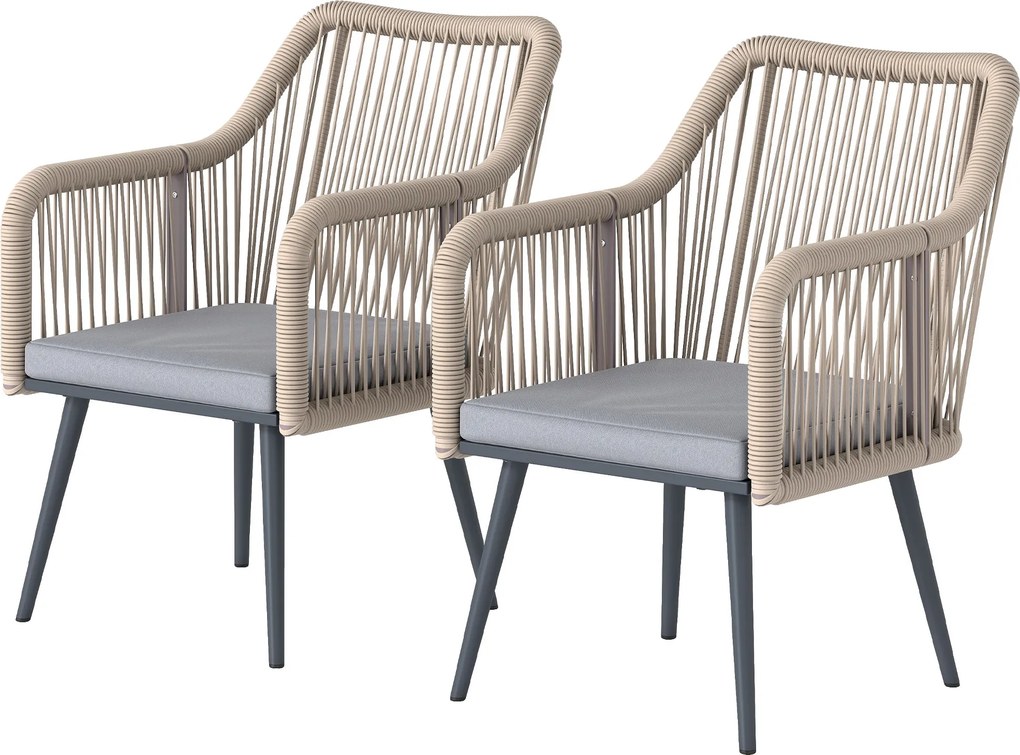 Outsunny 2 db kerti rattan szék párnákkal és kartámaszokkal, porszórt acél váz — időjárásálló erkély/terasz, világosszürke (54.1 x 65.0 x 80.0 cm) | A