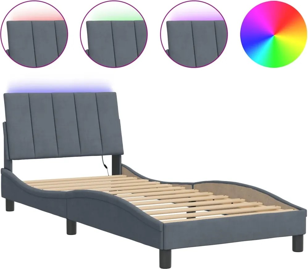 vidaXL sötétszürke bársony ágykeret LED-ekkel matrac nélkül Hanko 90 x 200 cm