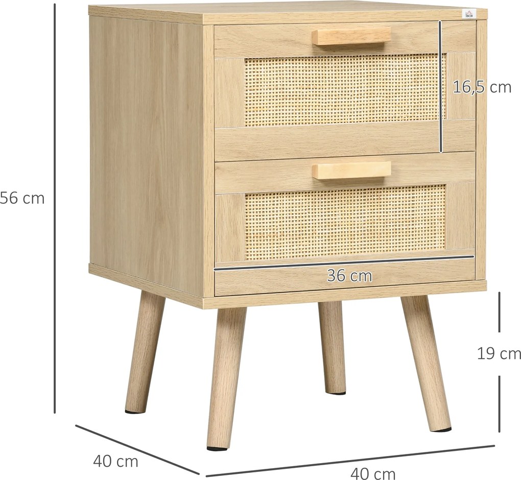 HOMCOM 2 db Éjjeli Szekrény Szett, Oldalszekrények, 2 Fiókkal Rattan Stílusú Előlapokkal, Bohém Stílus, Természetes Fenyőfa Lába | Aosom