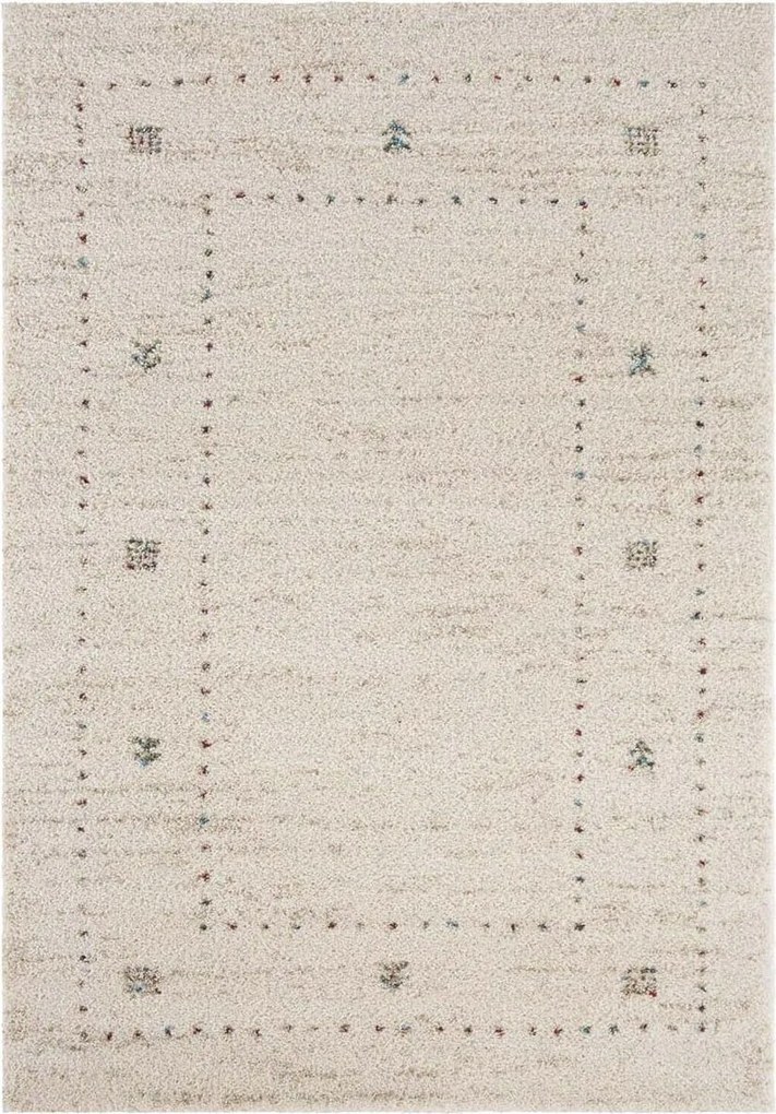 Shaggy szőnyeg 160x230 nappaliba, krémszínű boho minta hosszú sörtékkel