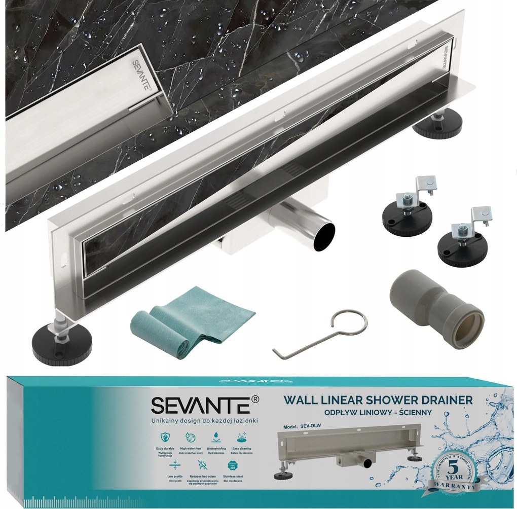 Lineáris fali lefolyó 2 az 1-ben90 cm oldalsó Wall inox rozsdamentes acél Sevante