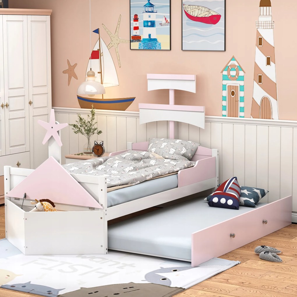 Gyerekágy 90*200cm egyszemélyes kihúzható ágy lány rózsaszín