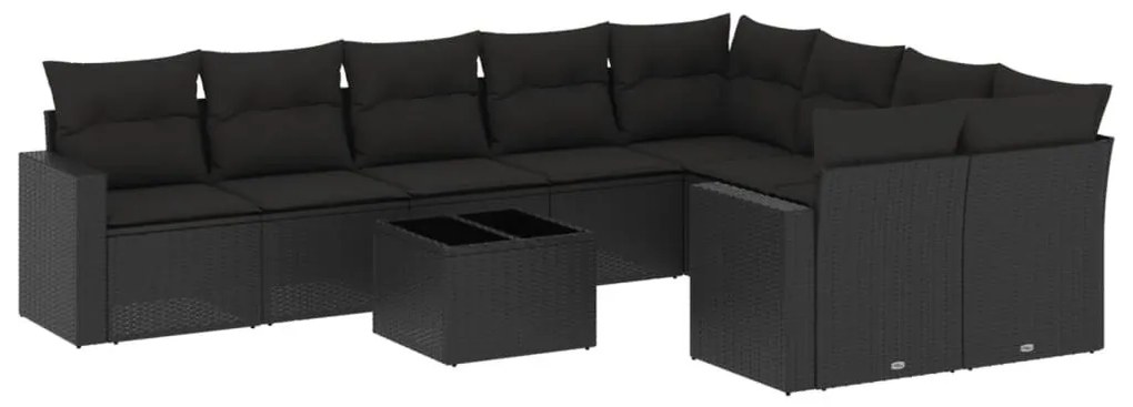 10 részes fekete polyrattan kerti ülőgarnitúra párnákkal