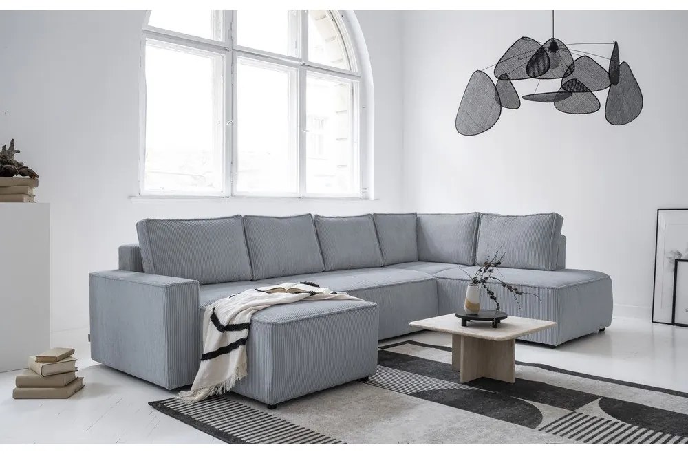 Világosszürke kordbársony kinyitható sarokkanapé (jobb oldali-U alakú) Brave Dave – Miuform