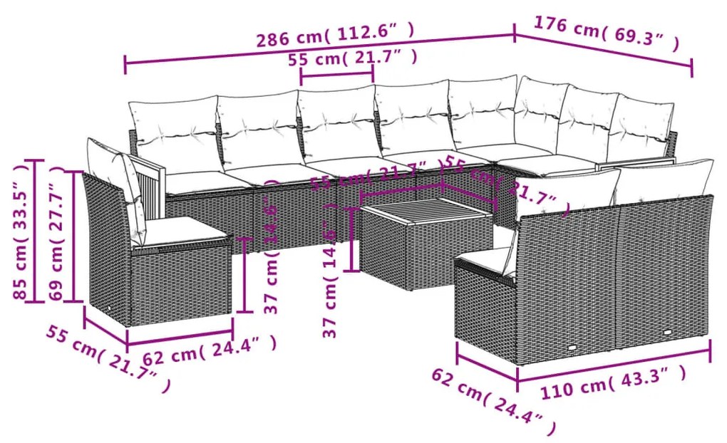 11 részes szürke polyrattan kerti ülőgarnitúra párnákkal