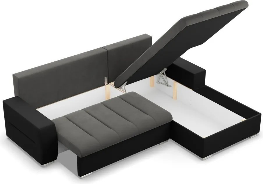 Toronto sarokkanapé, 2 ágyneműtartóval, bársony + műbőr, jobboldali, szürke - fekete