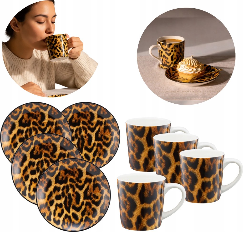 Leopárdmintás Kávéscsésze Szett 4 Személyes Porcelán Csészealjjal
