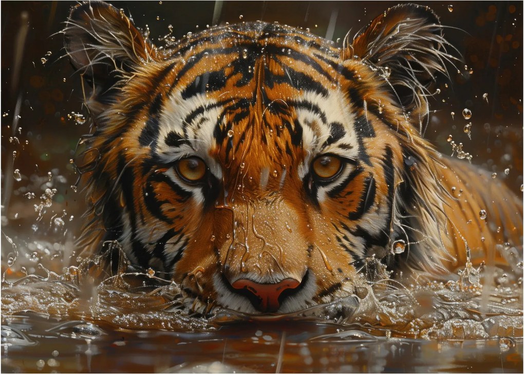 Üveg kép - Portré egy tigris a vízben (70x50 cm)