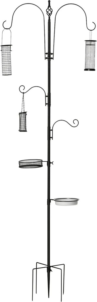 PawHut Madáretető Állomás Acélból 208 cm, 4 Horoggal, Madárfürdő, Étkező Tál, Teljes Madáreleség, Madáretető Állomás, Fekete | Aosom